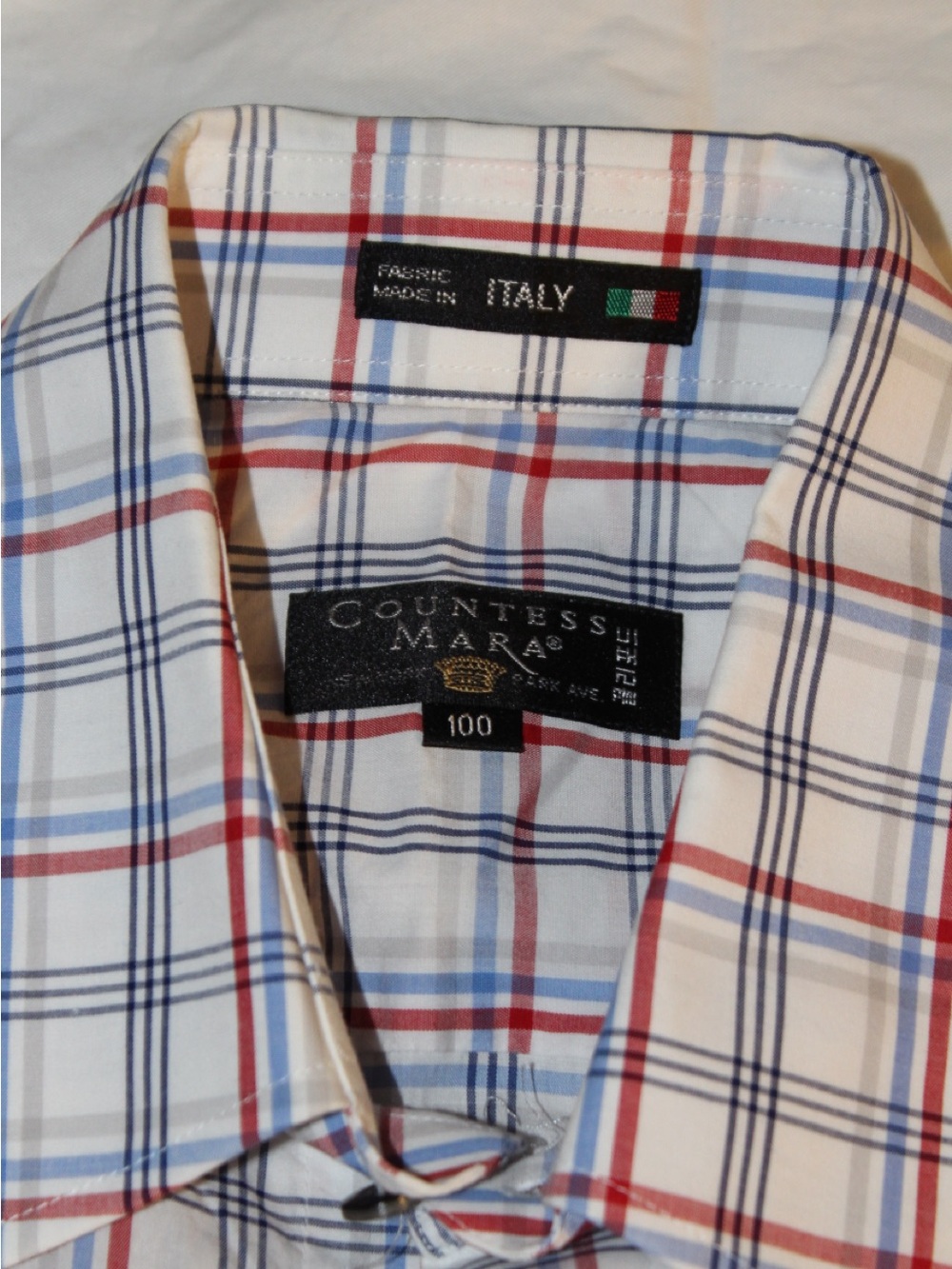 Countess Mara Men’s White Plaid Button-Down Shirt with Red & Blue Checks
